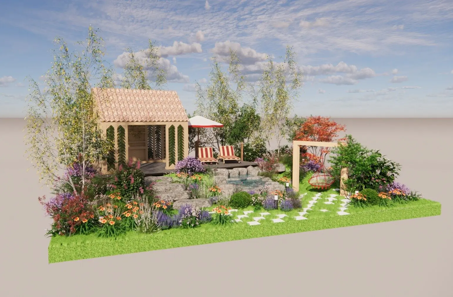 Photorealistic 3D garden design for the 100 Sweet Summers RHS Sandringham show garden