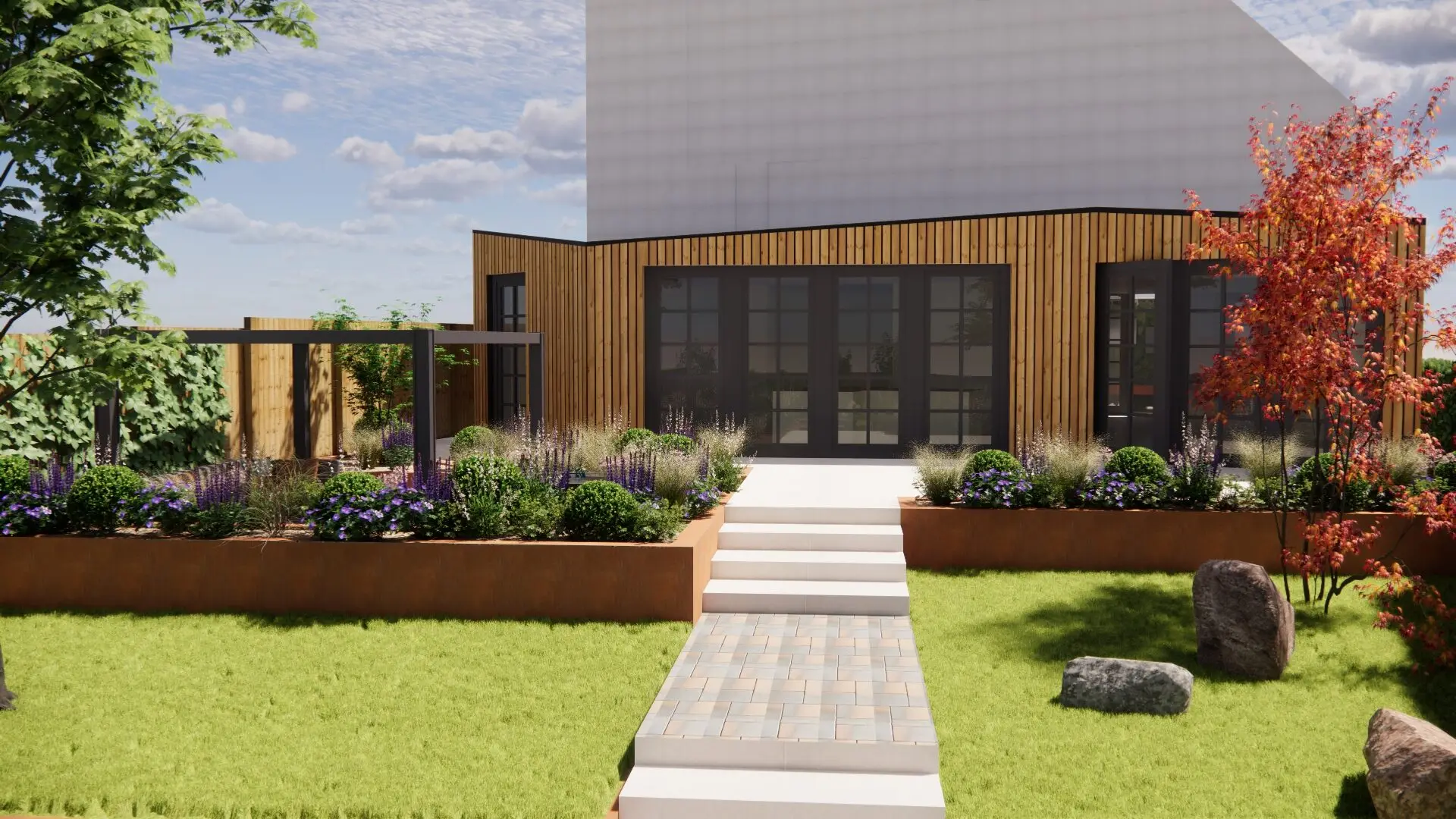 Photorealistic 3D design of the path and steps rising from the lawn between corten steel beds to the timber-clad extension