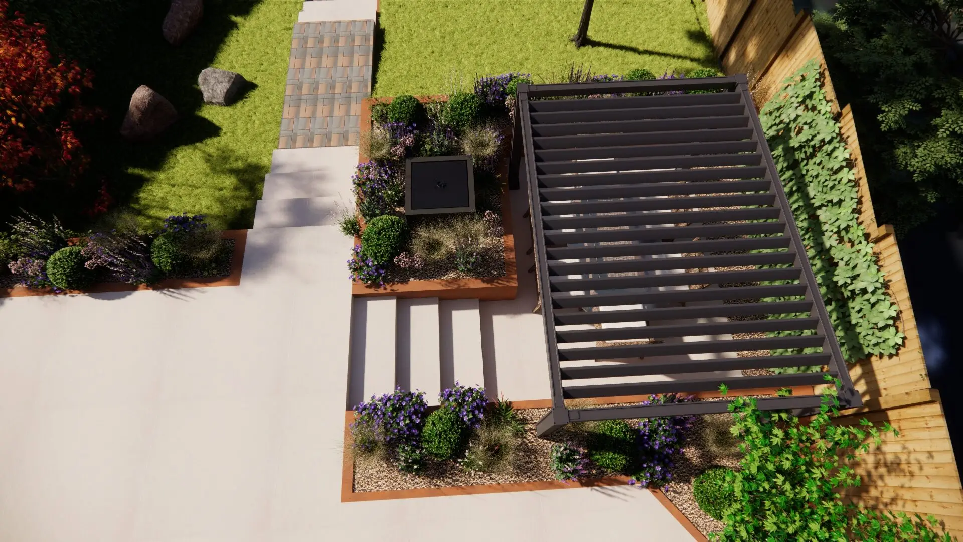 Photorealistic 3D design from above of the sunken terrace with its louvred pergola, the square water feature and the steps