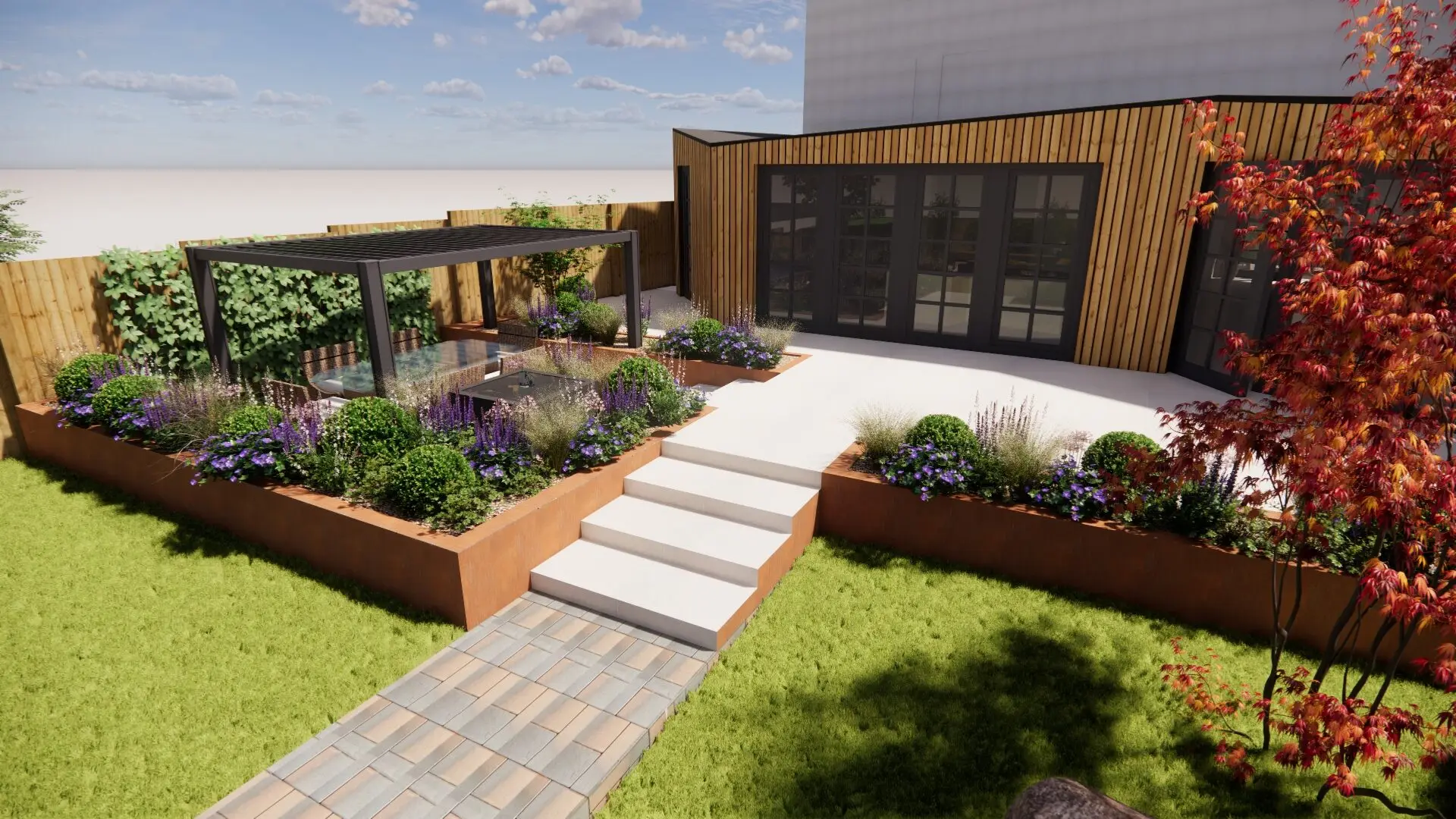 Photorealistic 3D design of the pale steps between corten steel planters, with the pergola terrace to one side and the extension beyond