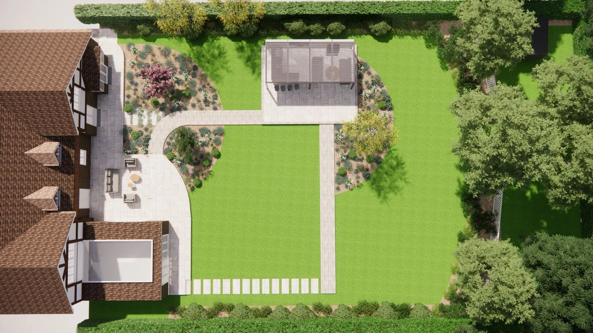 Photorealistic 3D design of the garden seen from above: terrace, curved borders, lawn, stepping stones and the pergola