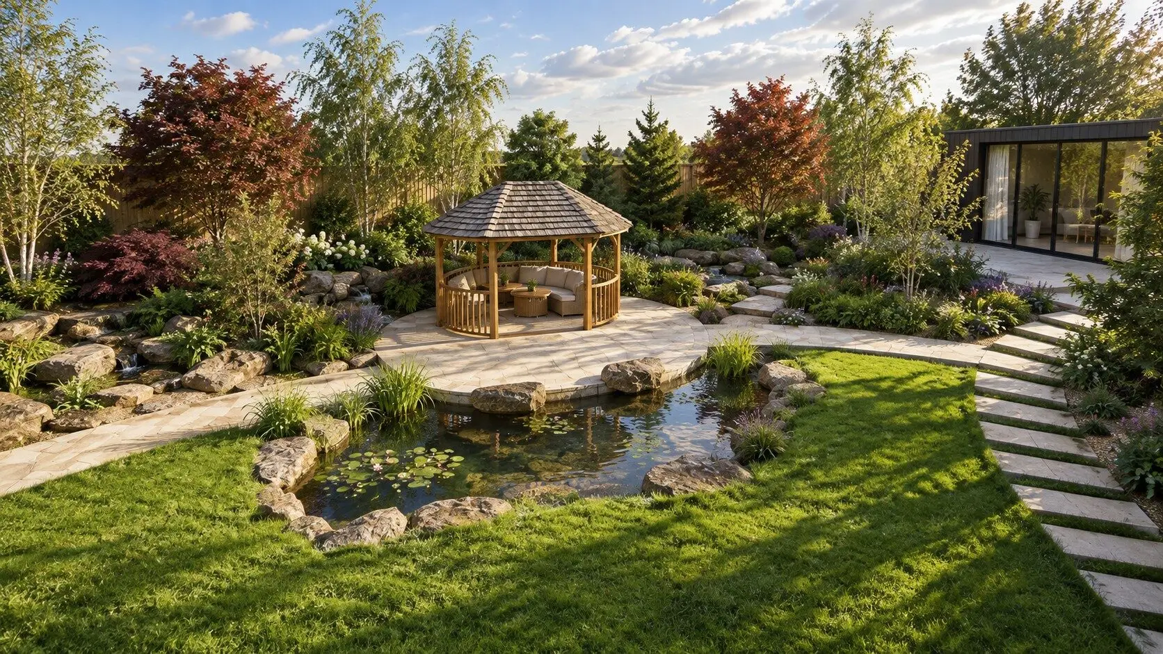 Photorealistic 3D design of the pond and the pavilion seating area seen from above, with woodland planting around it