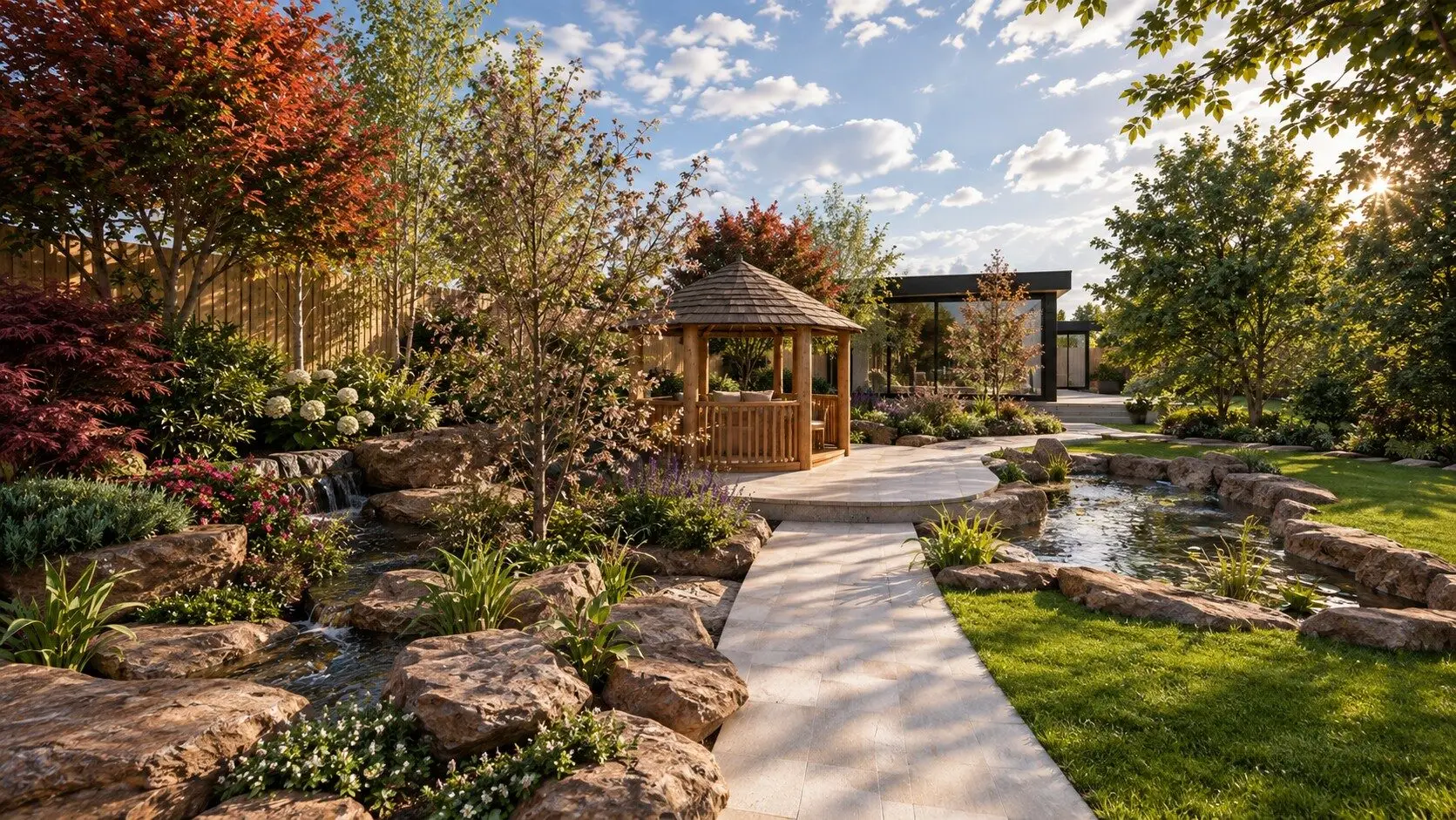 Photorealistic 3D design of the path through the water garden, with waterfalls, Acers and layered planting on both sides