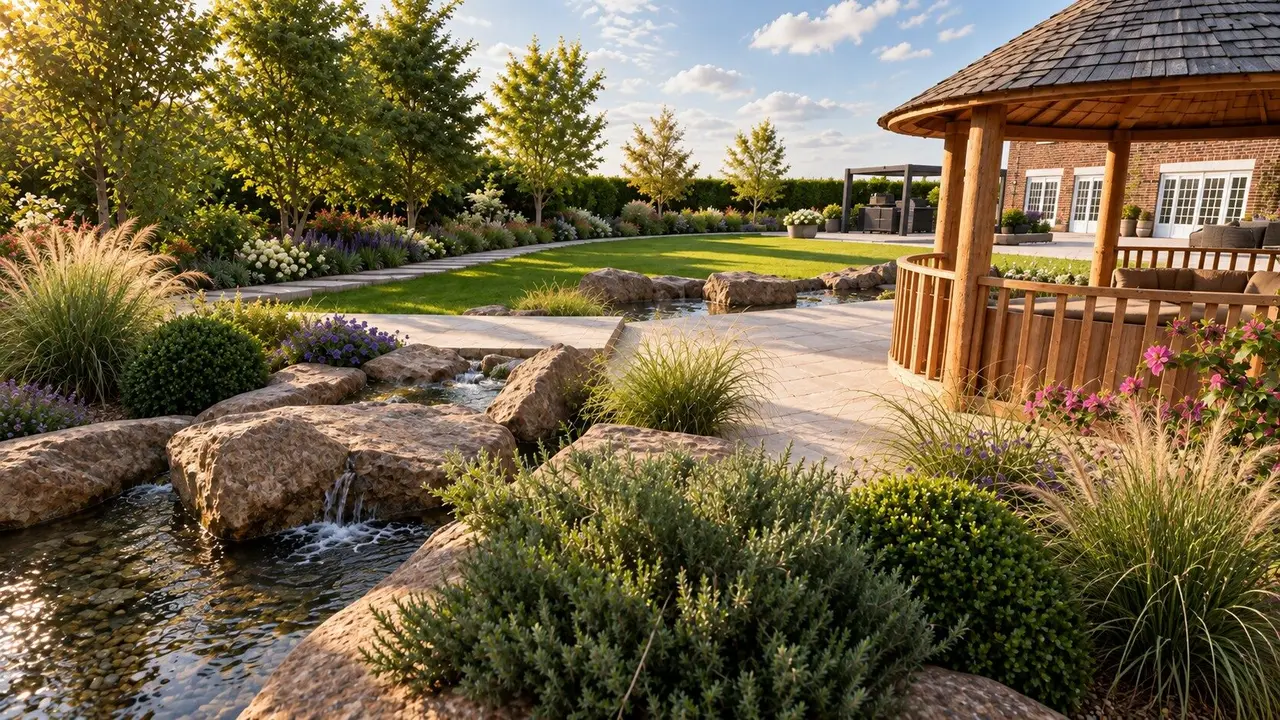 Photorealistic 3D design of the water garden with waterfalls, granite boulders and a timber pavilion beside the house