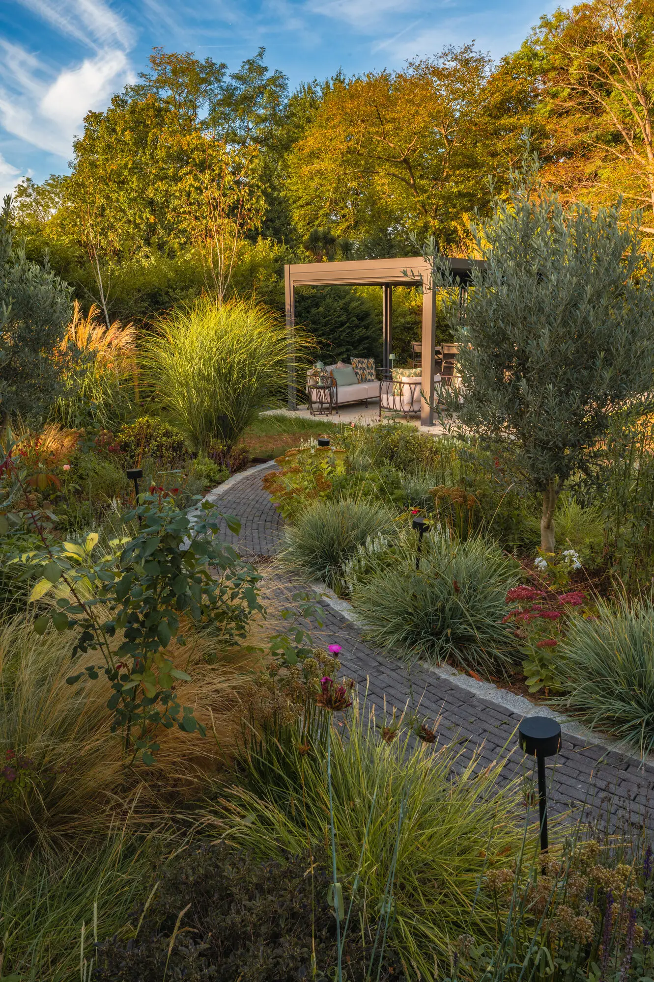 The brick path winding between grasses and olive trees to the pergola