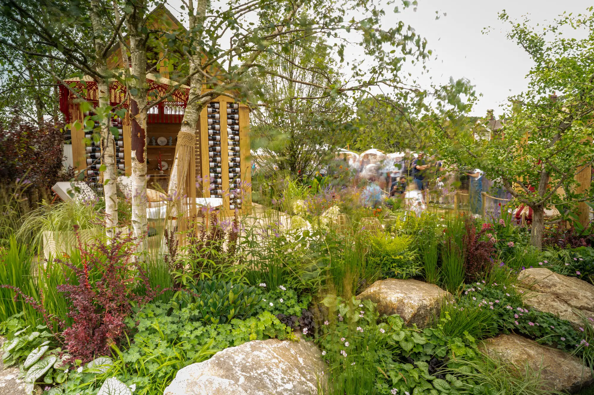 Naturalistic layered planting with birch trees, grasses, perennials and natural stone in the 100 Sweet Summers garden
