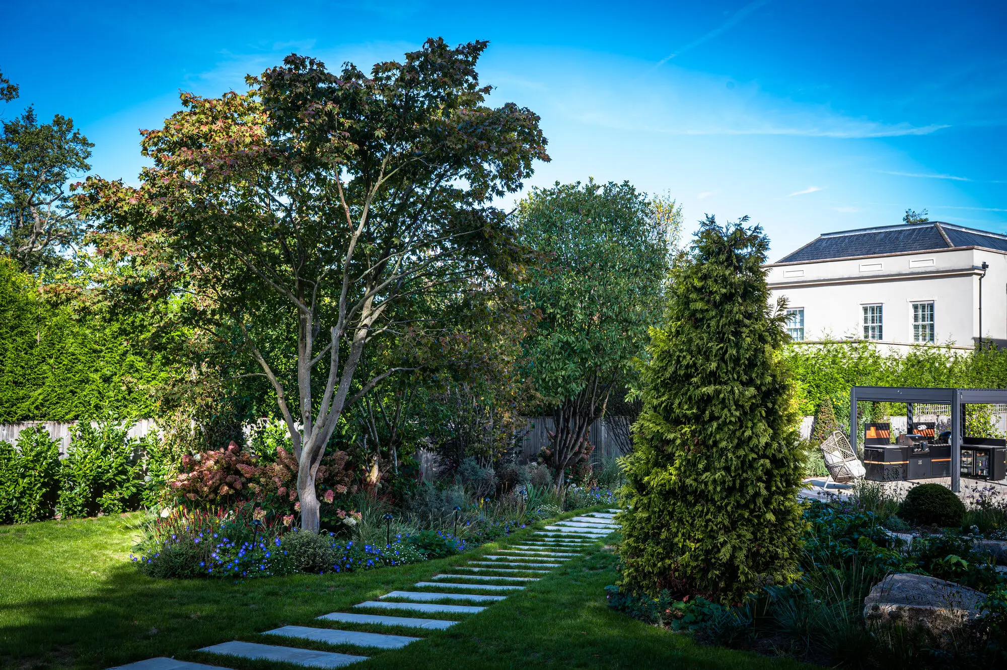 Stepping stones across the lawn towards the house, past a clipped yew and a multi-stem tree